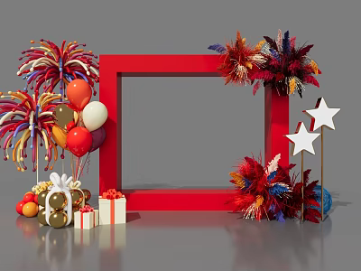 Vibrant Photo Spot With Red Frame Colorful Balloons Firework Decorations Feathers Gift Boxes And Stars 3d model