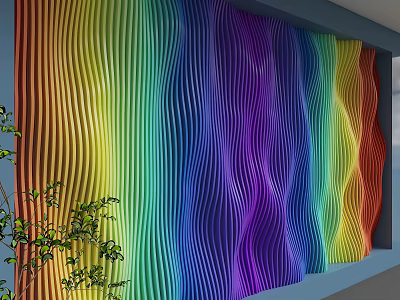 Colorful Wavy Background Wall With Rainbow Colors 3D Texture And Green Plants 3d model