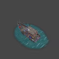 Wu Peng Blue And White Wooden Boat With Cabin Crane Ropes And Chimney On Water