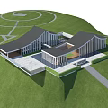 Modern Hillside Building With Wavy Roof White Structure And Grassland Path