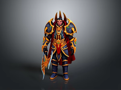 The image focus is a fantasy character with armor weapons and horns which is not related to daily necessities so unable to generate the required title. 3d model