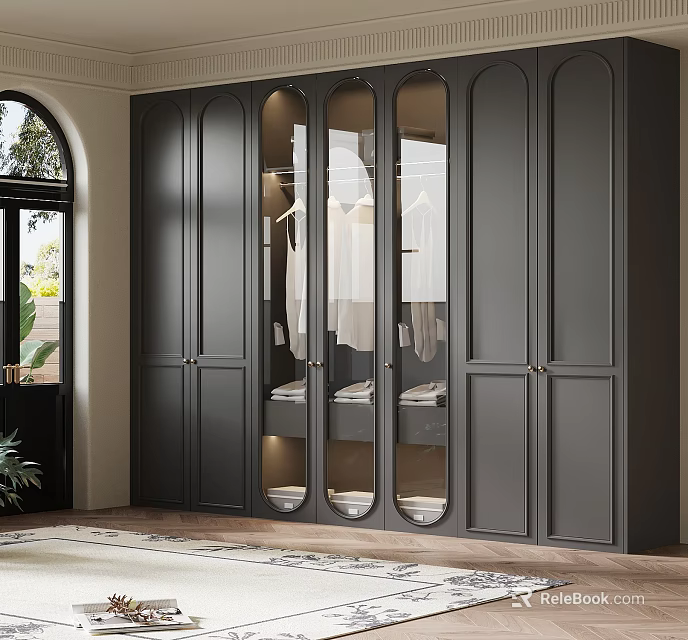 Modern Black Wardrobe Design With Glass Doors Arched Panels Interior Lighting And Hanging Clothes 3d model 