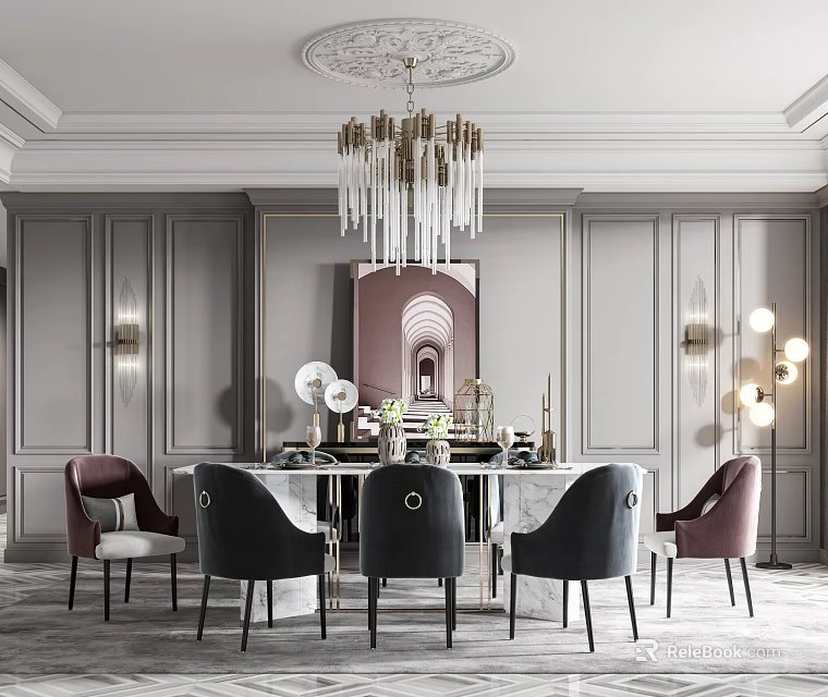 Elegant Modern Dining Table Set With Marble Top Gray Pink Chairs Gold Crystal Chandelier And Decor 3d model 