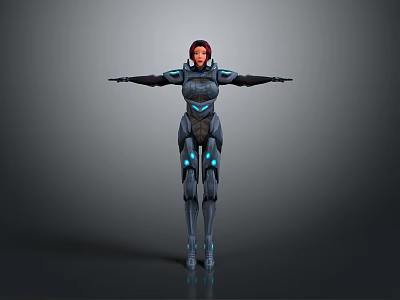 Futuristic Female Game and Movie Character With Red Hair Black Armor and Blue Glowing Elements 3d model