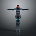 Futuristic Female Game and Movie Character With Red Hair Black Armor and Blue Glowing Elements