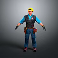 Construction Worker In Yellow Hard Hat Blue Shirt And Tool Belt Standing On Gray Background