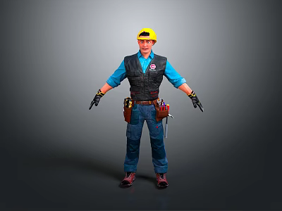 Construction Worker In Yellow Hard Hat Blue Shirt And Tool Belt Standing On Gray Background 3d model