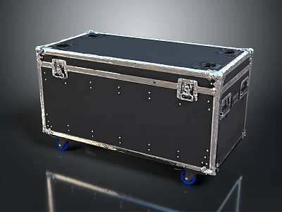 Black Metal Transport Case With Latches Flat Top And Blue Wheels 3d model