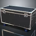 Black Metal Transport Case With Latches Flat Top And Blue Wheels
