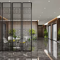 Modern Elegant Office Corridor Interior With Marble Flooring Green Plants And Lattice Partition