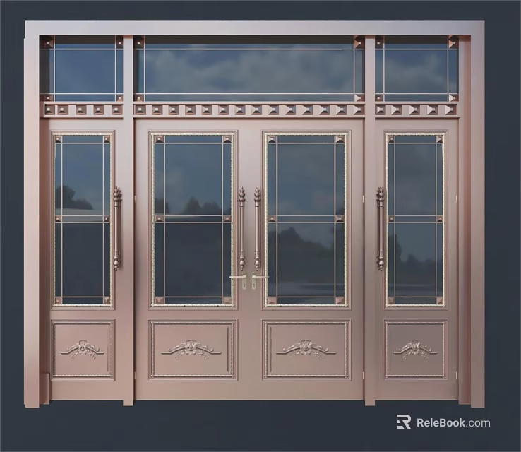 Luxurious Rose Gold Double Doors With Glass Panels And Decorative Carvings 3d model 