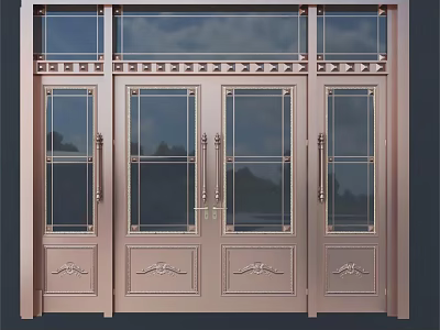 Luxurious Rose Gold Double Doors With Glass Panels And Decorative Carvings 3d model