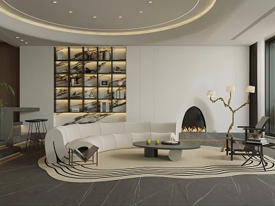 Modern Living Room Interior Design With Curved White Sofa Round Coffee Table Fireplace And Bookshelf 3d model