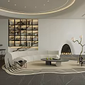 Modern Living Room Interior Design With Curved White Sofa Round Coffee Table Fireplace And Bookshelf