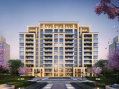 Modern Multi Story Residential Building With Glass Curtain Walls Cherry Blossoms And Courtyard 3d model