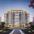 Modern Multi Story Residential Building With Glass Curtain Walls Cherry Blossoms And Courtyard