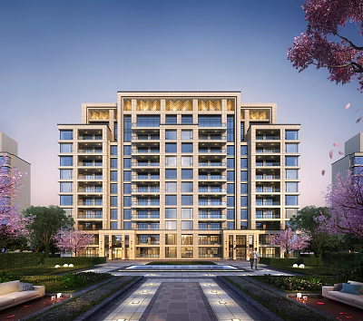 Modern Multi Story Residential Building With Glass Curtain Walls Cherry Blossoms And Courtyard 3d model