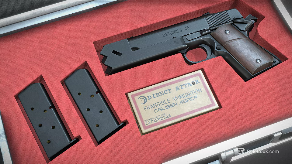 Direct Action Pistol Stored in Red Case with Magazines and Certification Plate 3d model 