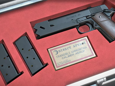 Direct Action Pistol Stored in Red Case with Magazines and Certification Plate 3d model