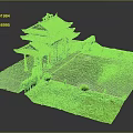 Cartoon Scene Of Traditional Chinese Red Roof Building With Green Lawn And Shrubs