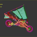 Three Wheeled Off Road Motorcycle With Red Frame Canvas Canopy And Deep Tread Tires