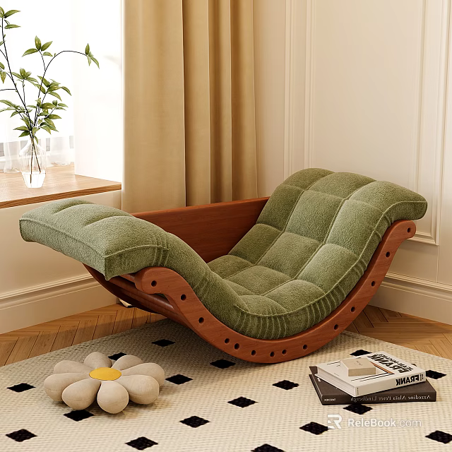 Green Velvet Lounge Chair With Wooden Frame Near Window Sill With Plants And Carpet 3d model 