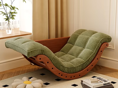 Green Velvet Lounge Chair With Wooden Frame Near Window Sill With Plants And Carpet 3d model