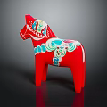 Red Wooden Horse Doll With Colorful Decorative Patterns And Traditional Design