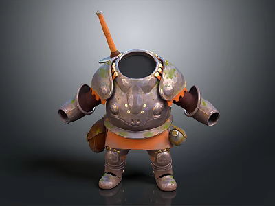 Cartoon 3D Character Model With Riveted Metal Armor And Orange Sword On Back 3d model