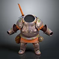 Cartoon 3D Character Model With Riveted Metal Armor And Orange Sword On Back