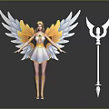 Mythical Winged Angelic Figure With Golden Crown And White Trident Weapon