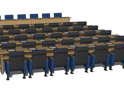 Stadium Style Conference Table With Blue Chairs And Wooden Surfaces Arranged In Rows 3d model