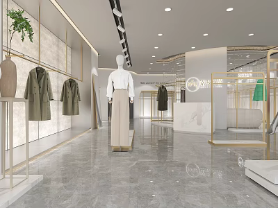 Elegant Modern Clothing Store Interior With Marble Floor Gold Frames Mannequins Green Plants Display Racks 3d model