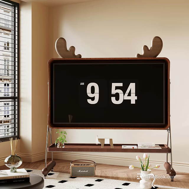 Wooden Digital Clock With Antler Decor Showing Time 954 On Stand In Room Interior 3d model 