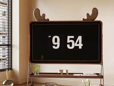 Wooden Digital Clock With Antler Decor Showing Time 954 On Stand In Room Interior 3d model