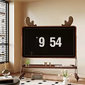 Wooden Digital Clock With Antler Decor Showing Time 954 On Stand In Room Interior
