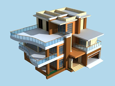 Modern Two Story Detached Villa Exterior With Glass Railing Balconies And Entrance Steps 3d model