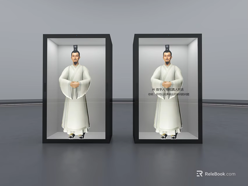 Two Traditional Hanfu Statues In Black Display Cases With Illuminated Photo Check In Spot 3d model 