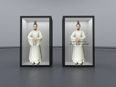 Two Traditional Hanfu Statues In Black Display Cases With Illuminated Photo Check In Spot 3d model