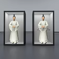 Two Traditional Hanfu Statues In Black Display Cases With Illuminated Photo Check In Spot