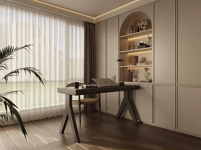 Modern Entryway Hallway With White Cabinetry Arched Niche Shelves Decor Items And Wooden Flooring 3d model