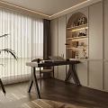 Modern Entryway Hallway With White Cabinetry Arched Niche Shelves Decor Items And Wooden Flooring