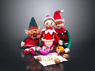 Christmas Elf Plush Toys Display With Santa Hats Walnuts And Small Gifts 3d model