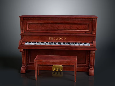 Classic Redwood Piano Bench Set With Intricate Carvings And Smooth Surface Finish 3d model