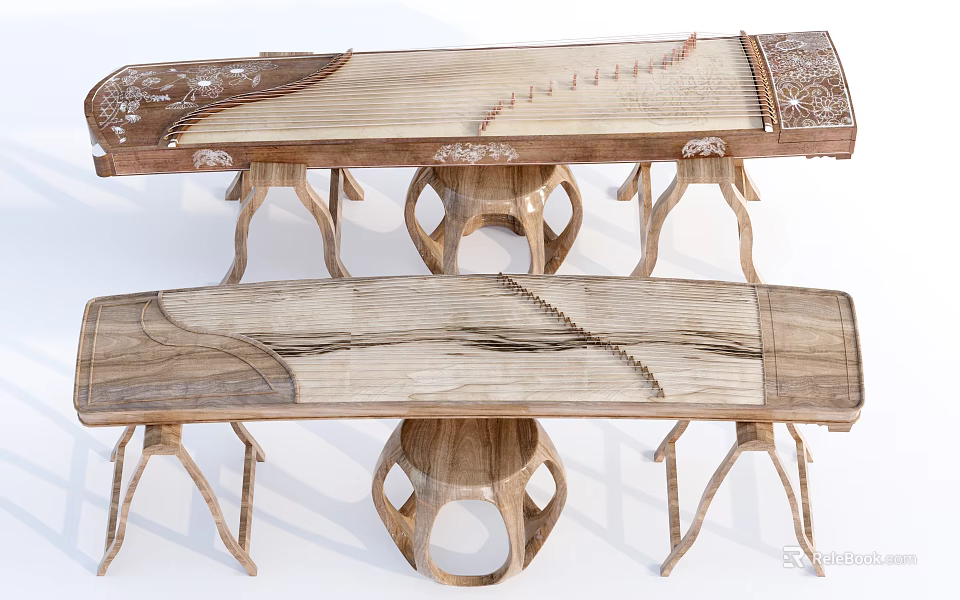 Traditional Wooden Chinese Zither Instruments With Intricate Carved Patterns And Sturdy Stands 3d model 