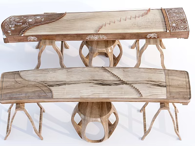 Traditional Wooden Chinese Zither Instruments With Intricate Carved Patterns And Sturdy Stands 3d model