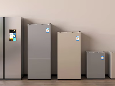 Multiple Modern Refrigerators and Freezers in Various Sizes and Colors Against Wall 3d model