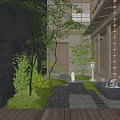Traditional Japanese Courtyard Garden With Stone Path Moss And Wooden Flooring
