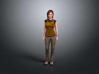 Woman In Yellow Tank Top And Brown Pants Standing On Gray Background 3d model