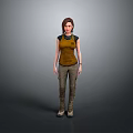 Woman In Yellow Tank Top And Brown Pants Standing On Gray Background